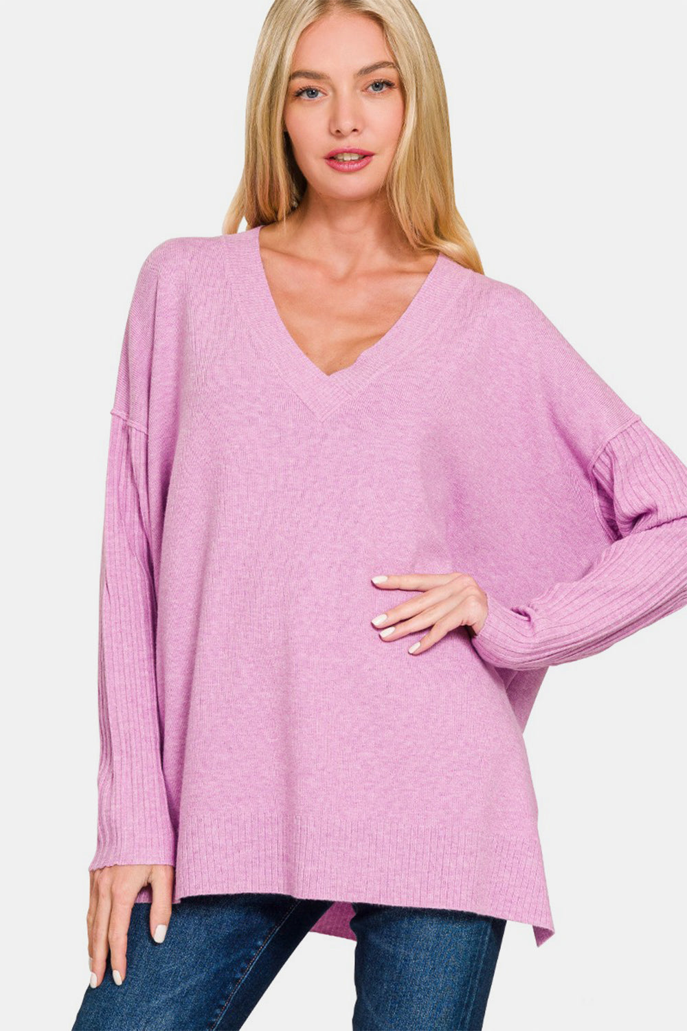 Zenana V Neck High Low Sweater Mauve