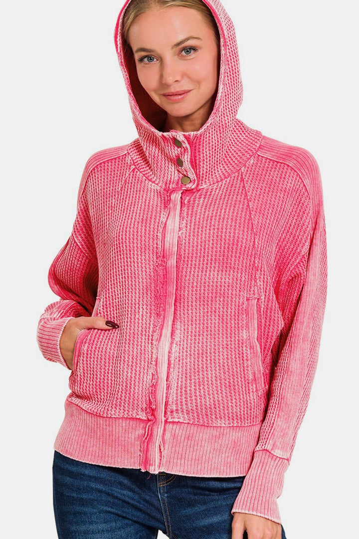 Zenana - Acid Wash Zip-up Jacket - Pink