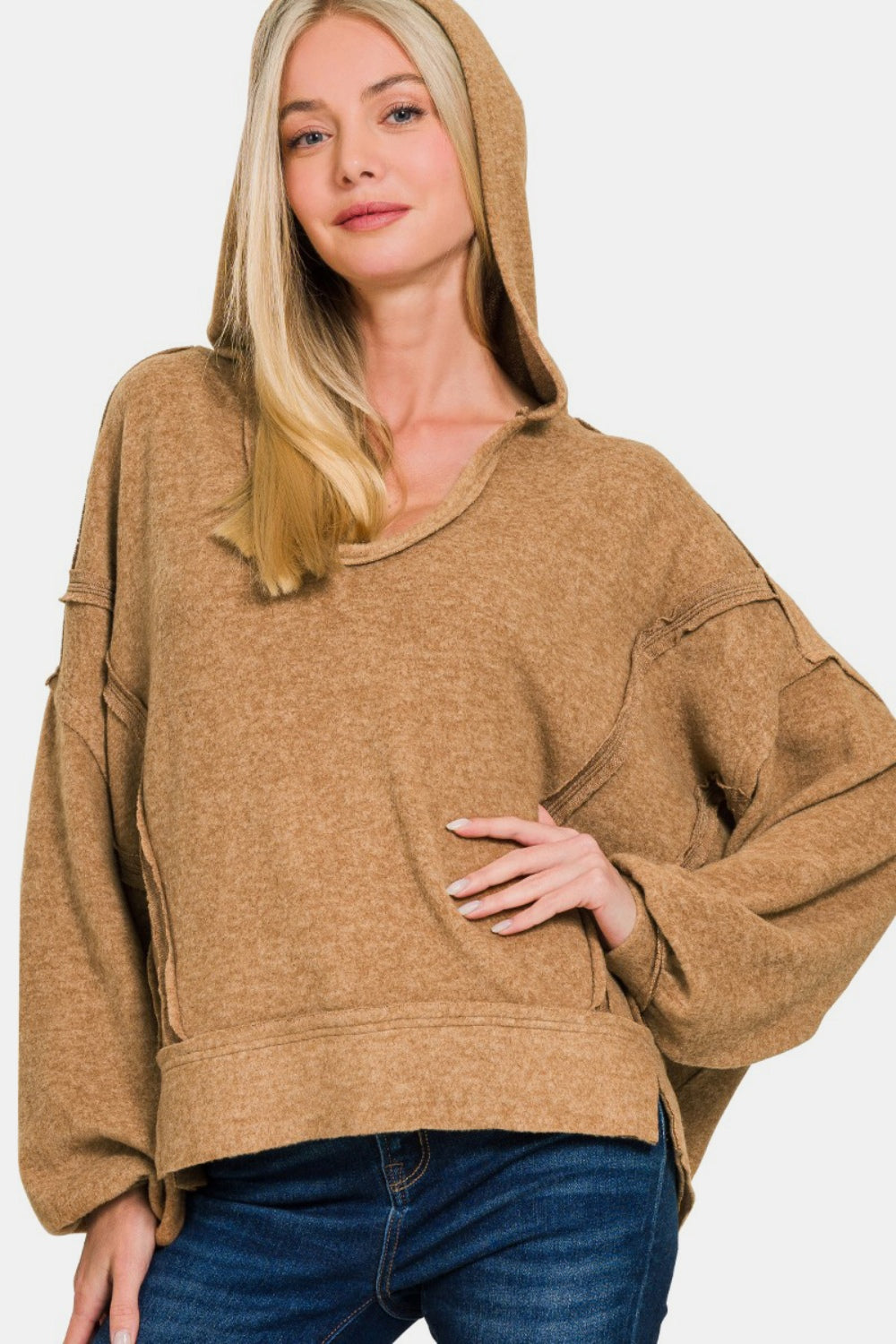 Zenana - Oversized Brushed Hacci Hoodie - Camel