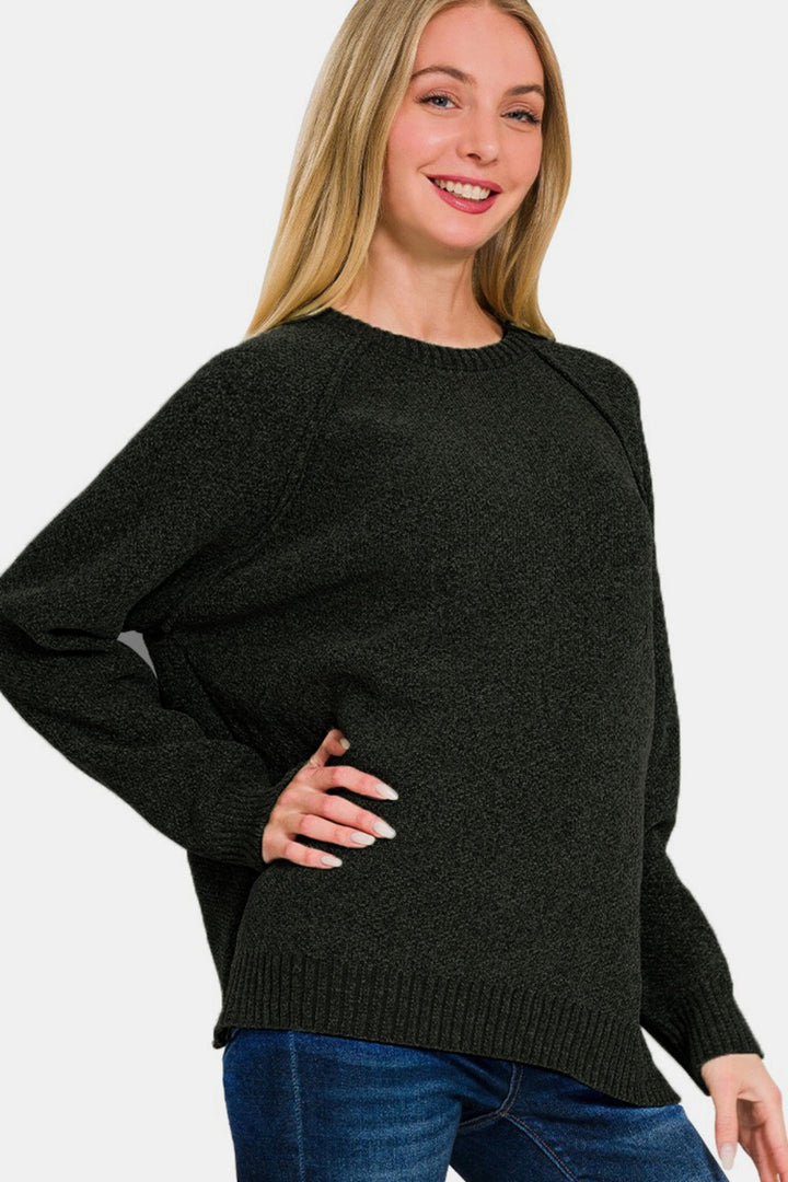 Zenana - Round Neck Chenille Sweater - Black