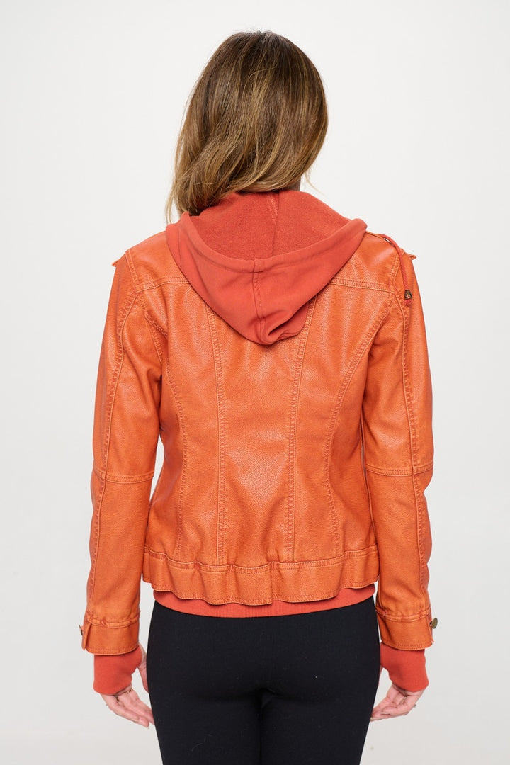 Vegan Vibes Hooded Faux Leather Jacket - Orange