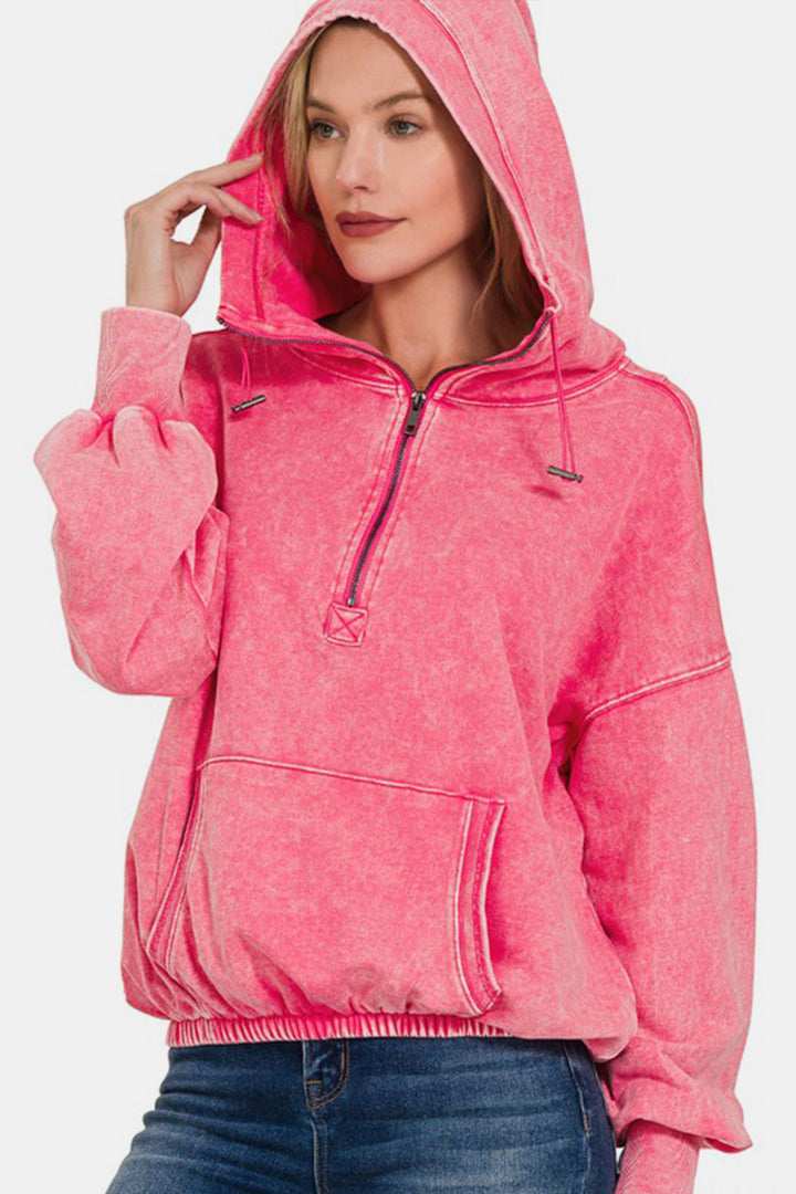 Zenana Half Zip French Terry Sweatshirt - Fuchsia Pink - Inspired Eye Boutique