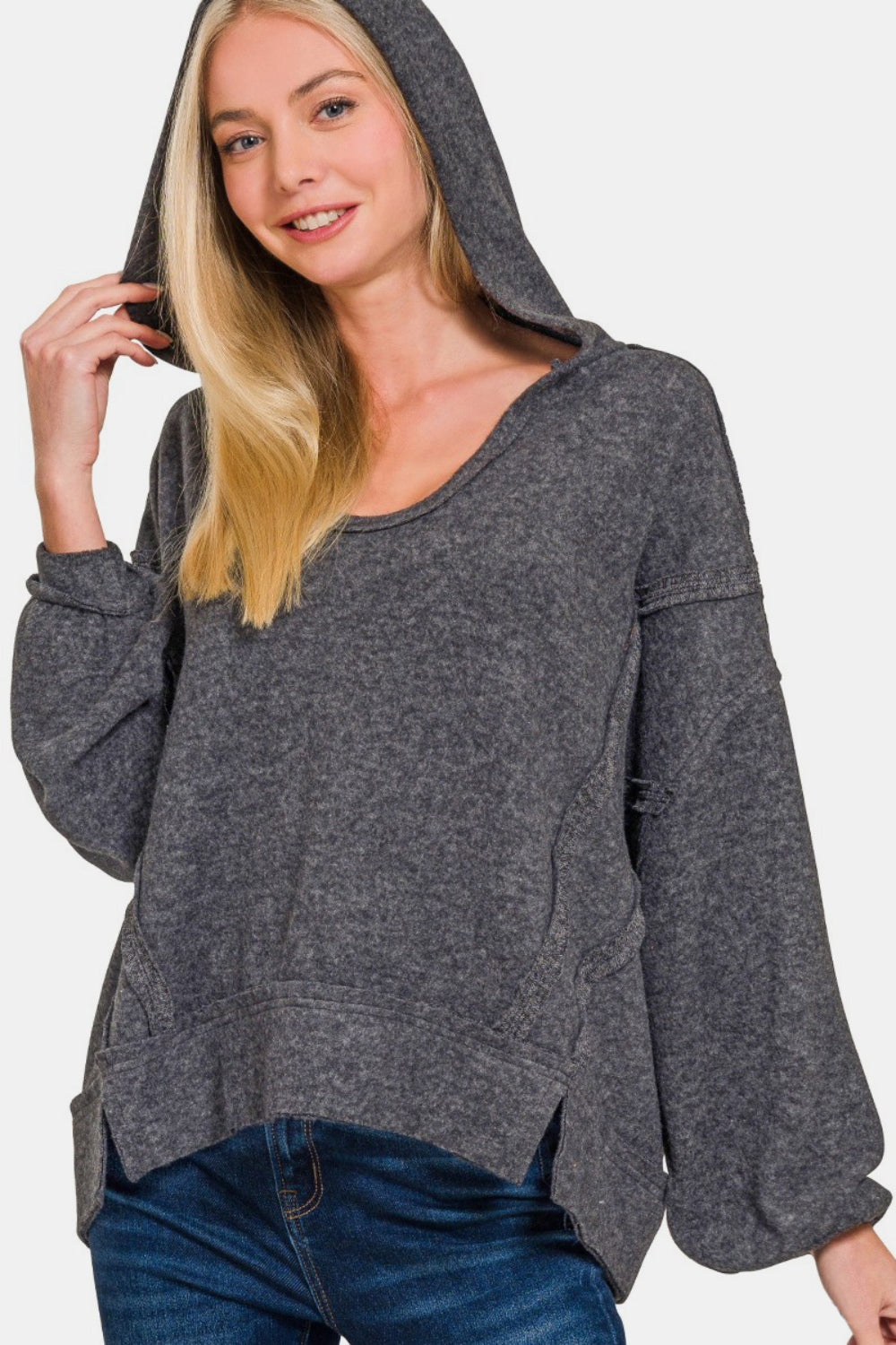 Zenana - Oversized Brushed Hacci Hoodie - Black