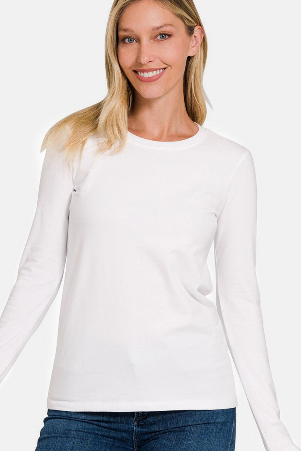 Zenana - Crew Neck Long Sleeve Tee - White