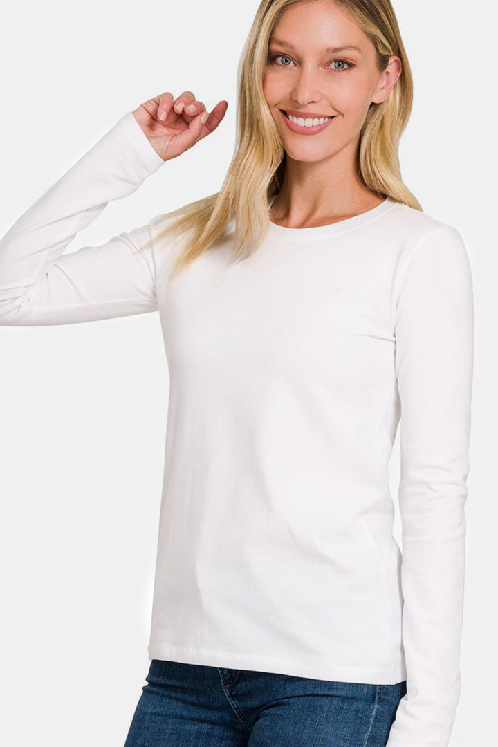 Zenana - Crew Neck Long Sleeve Tee - White