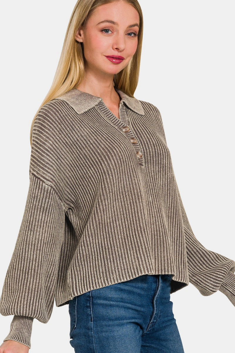 Zenana - Collared Henley Long Sleeve Sweater - Mocha