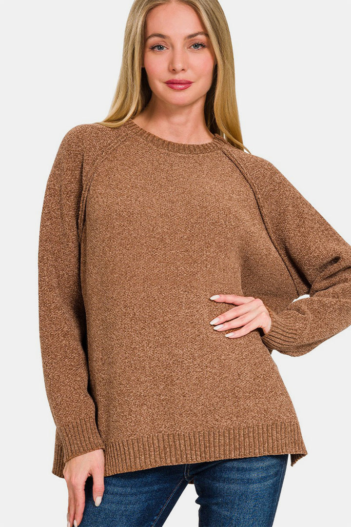 Zenana - Round Neck Chenille Sweater - Deep Camel