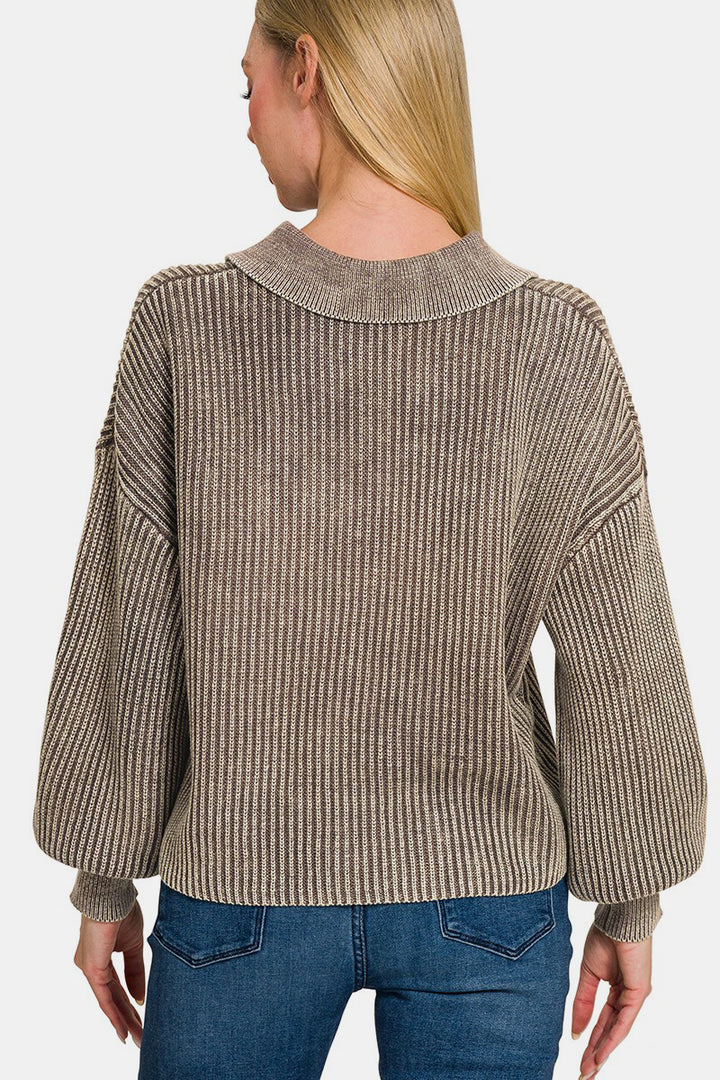 Zenana - Collared Henley Long Sleeve Sweater - Mocha