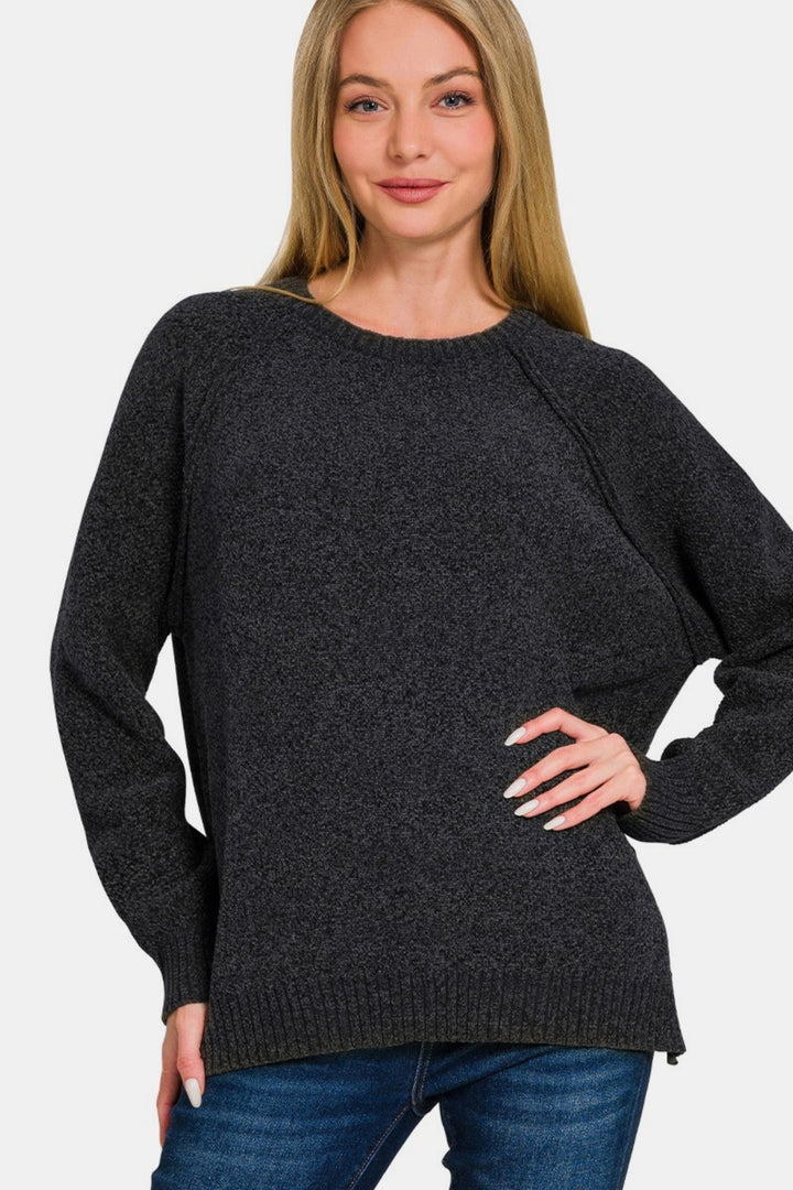 Zenana - Round Neck Chenille Sweater - Black