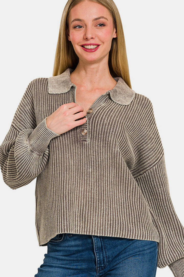 Zenana - Collared Henley Long Sleeve Sweater - Mocha