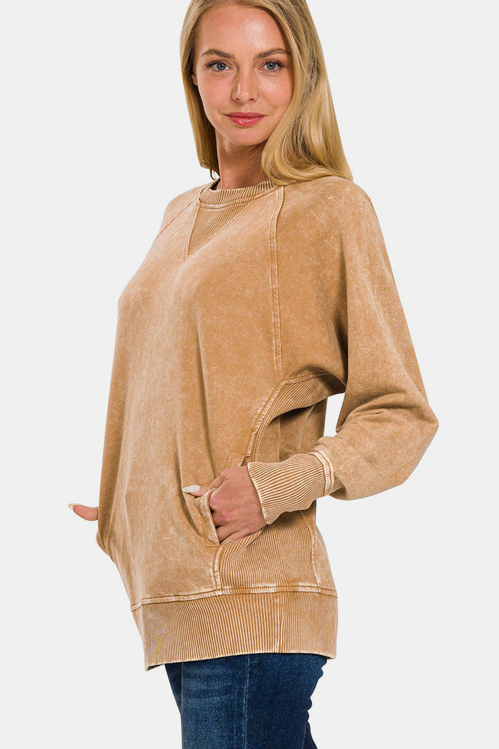 Zenana - Washed French Terry Pullover With Pockets - Camel