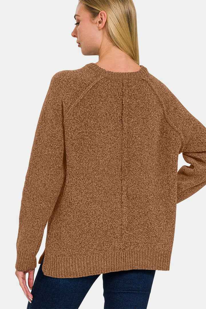 Zenana - Round Neck Chenille Sweater - Deep Camel