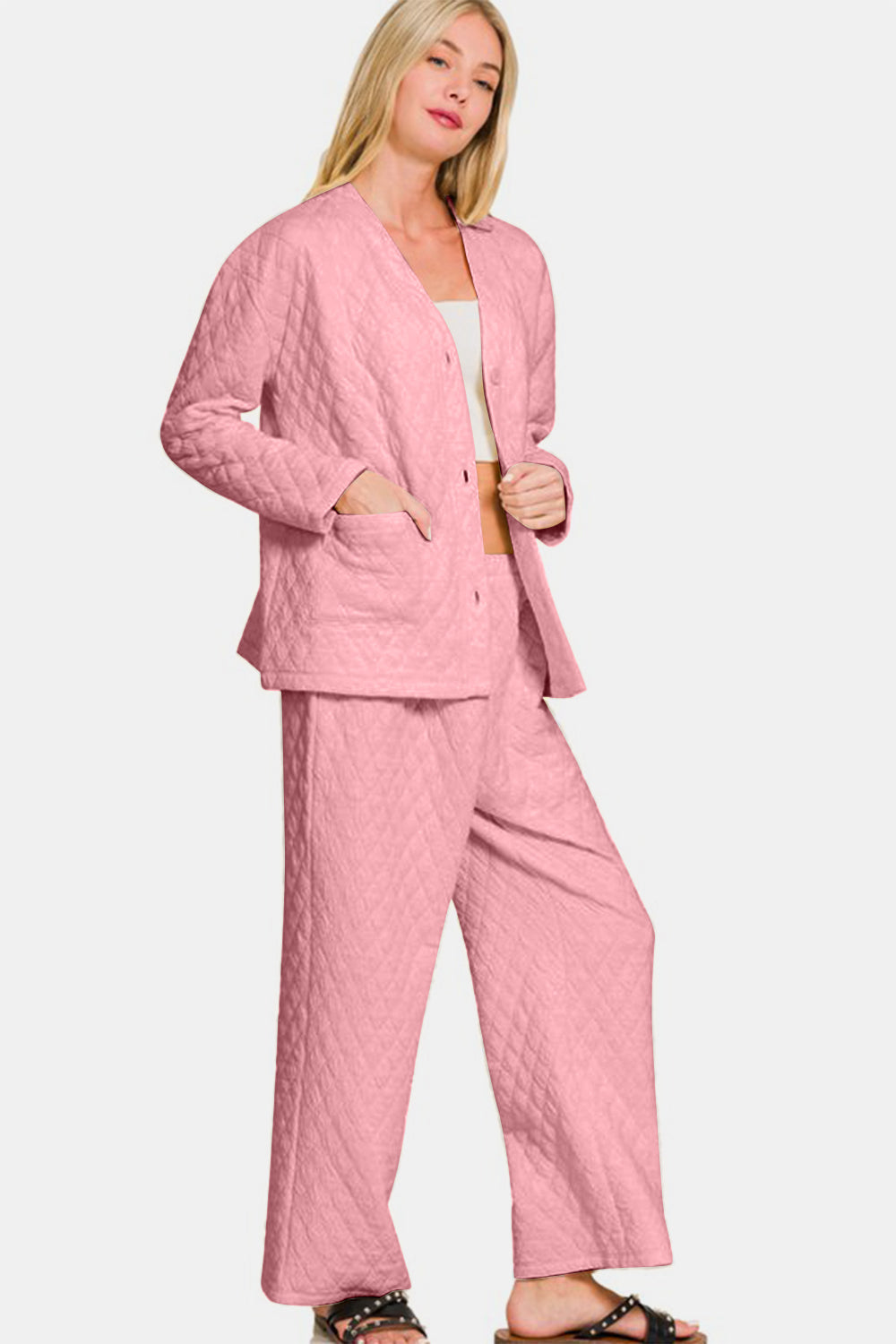 Zenana - Quilted Button Front Jacket and Pants Set - Dusty Pink - Inspired Eye Boutique