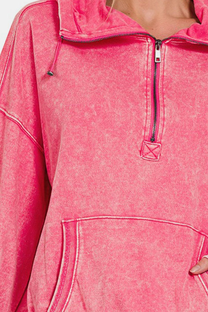 Zenana Half Zip French Terry Sweatshirt - Fuchsia Pink - Inspired Eye Boutique