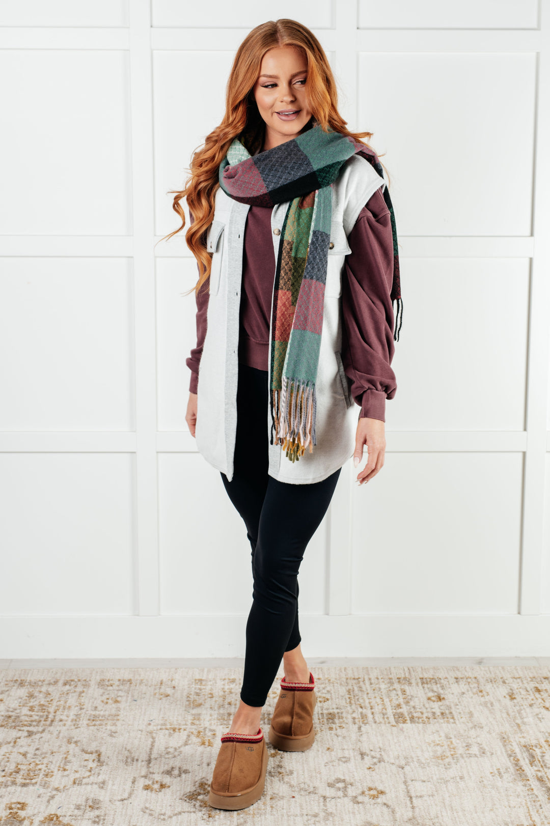 Keep Me Cozy Checkered Fringe Scarf - Berry