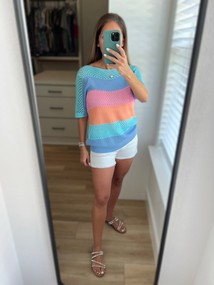 Short Sleeve Open Knit Striped Top - Inspired Eye Boutique