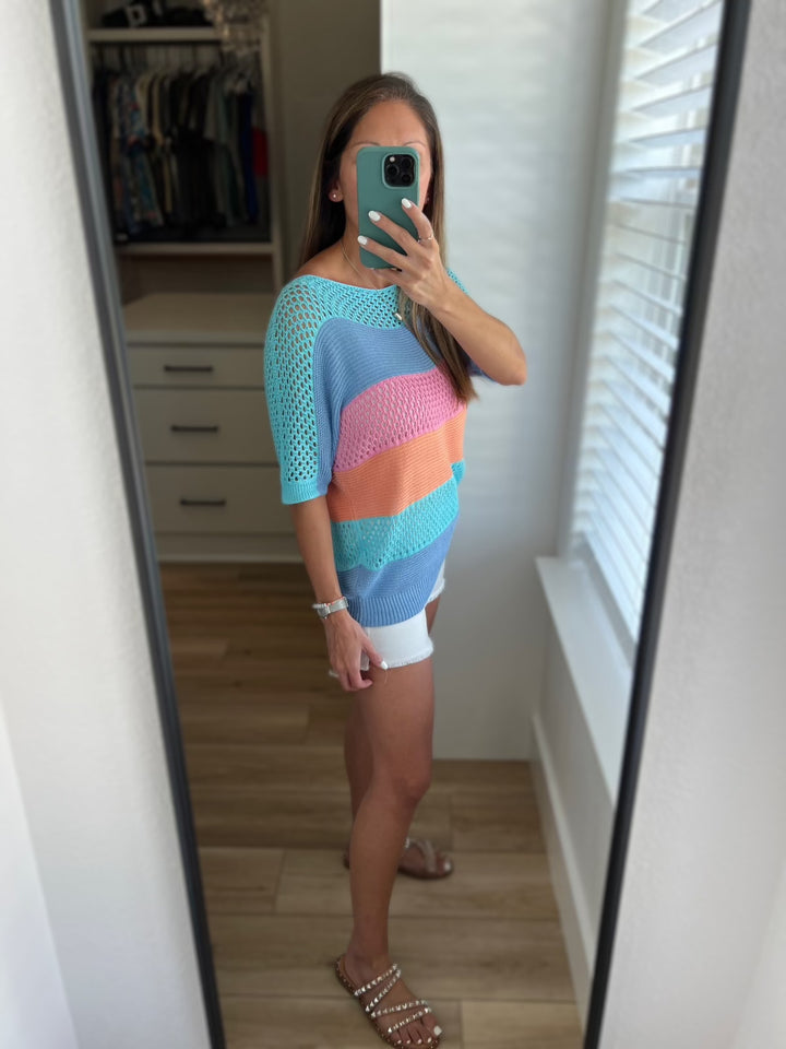 Short Sleeve Open Knit Striped Top - Inspired Eye Boutique