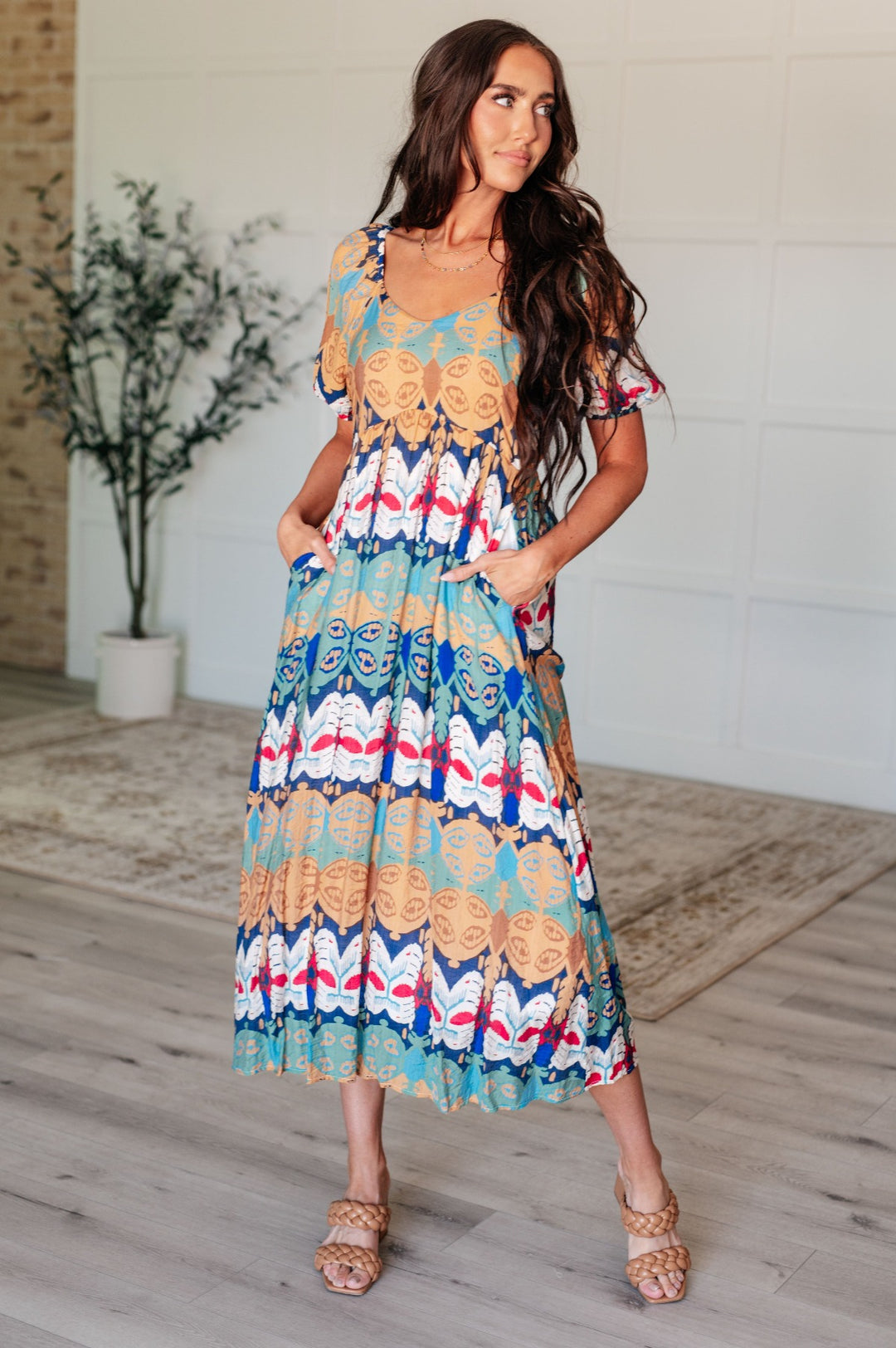 Geometric Multi-color V-Neck Short Sleeve Midi Dress - Inspired Eye Boutique