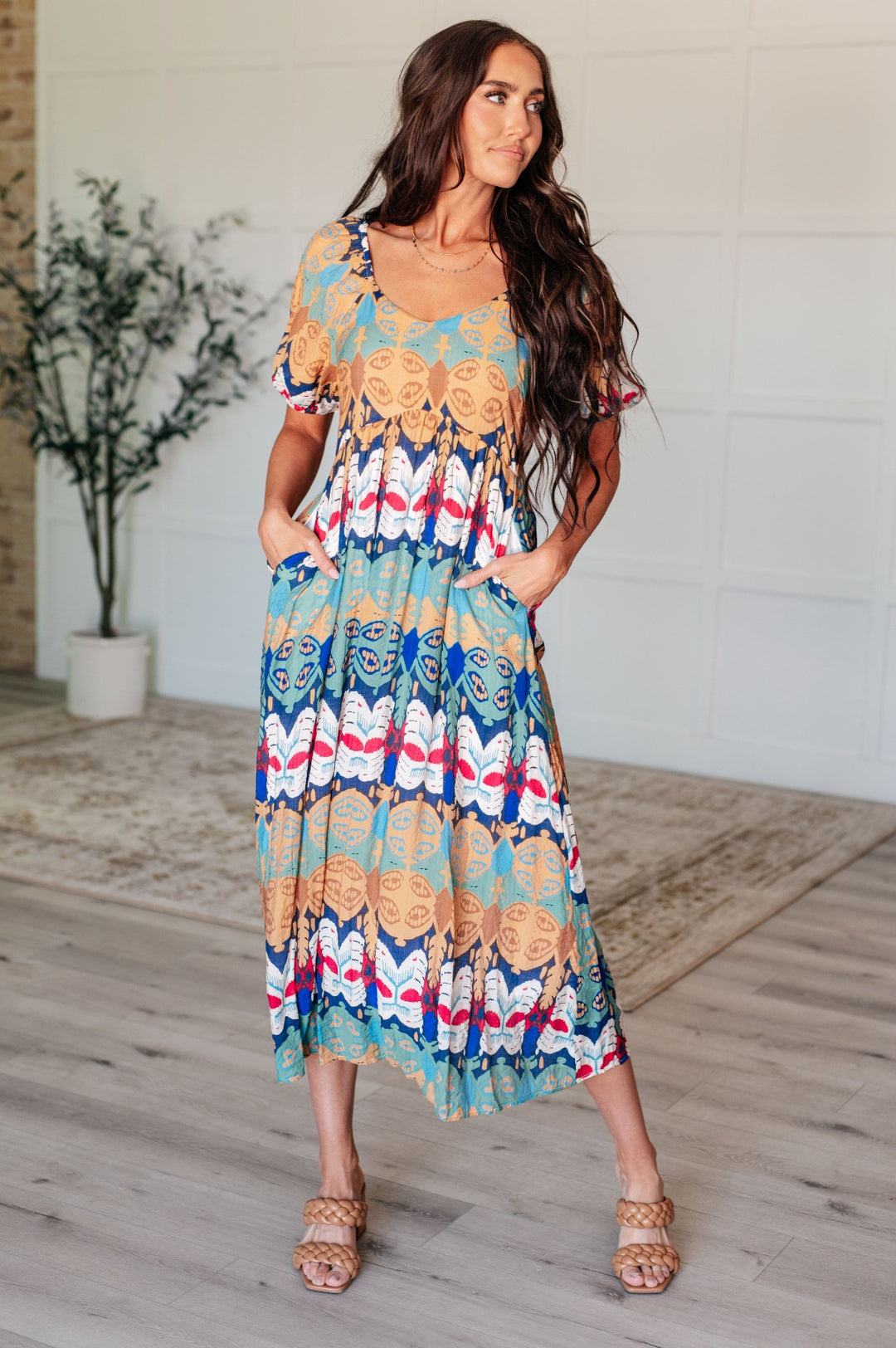 Geometric Multi-color V-Neck Short Sleeve Midi Dress - Inspired Eye Boutique