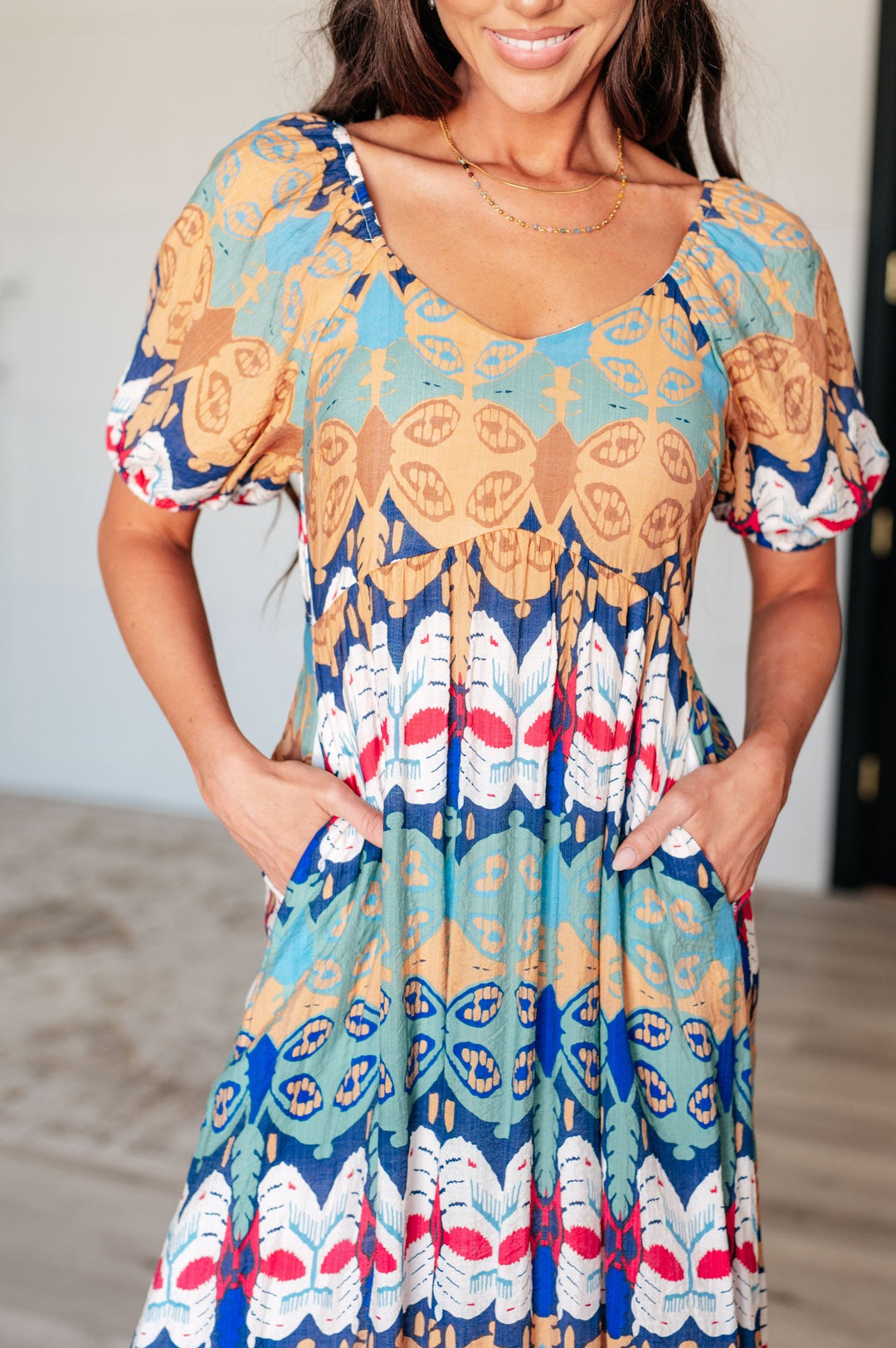 Geometric Multi-color V-Neck Short Sleeve Midi Dress - Inspired Eye Boutique