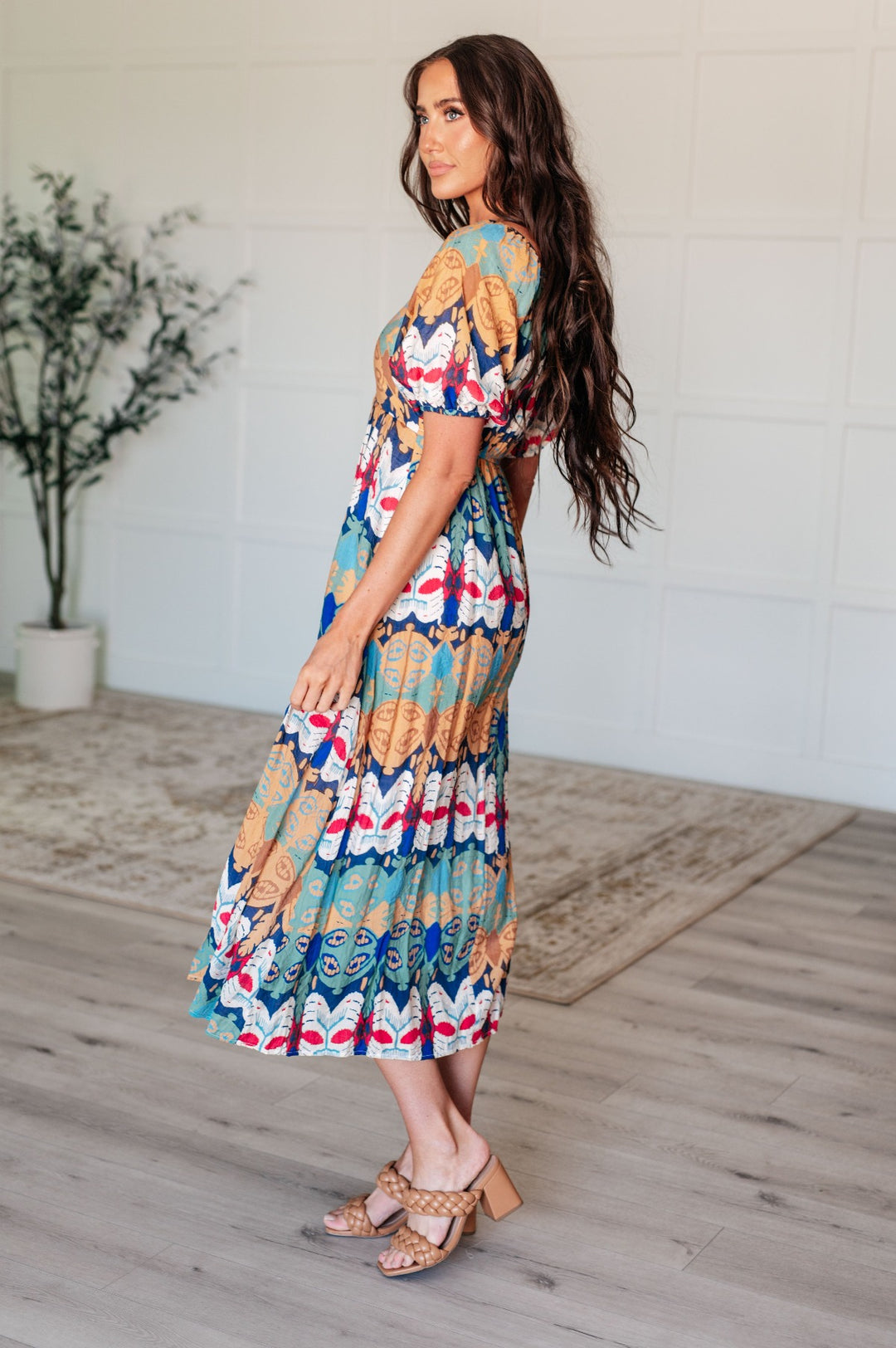 Geometric Multi-color V-Neck Short Sleeve Midi Dress - Inspired Eye Boutique