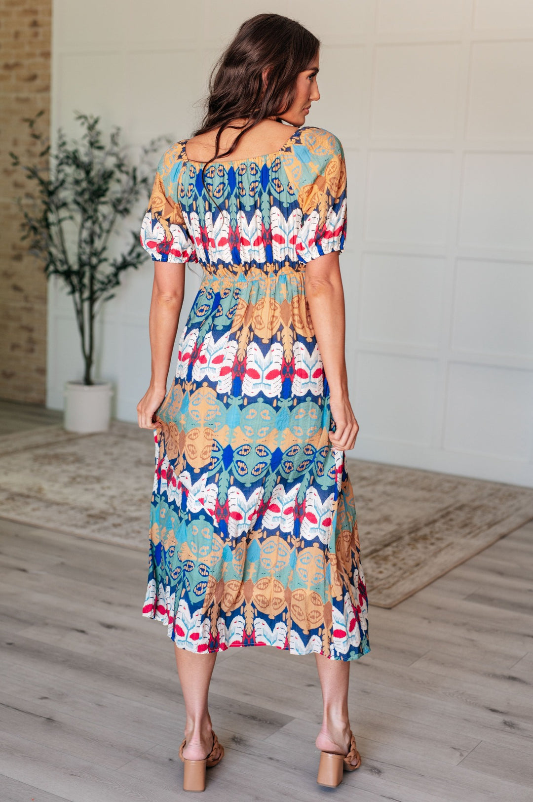 Geometric Multi-color V-Neck Short Sleeve Midi Dress - Inspired Eye Boutique