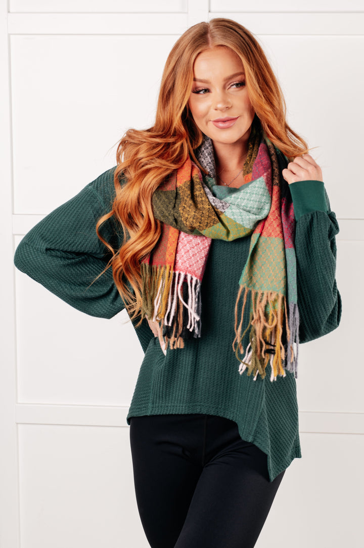 Keep Me Cozy Checkered Fringe Scarf - Berry