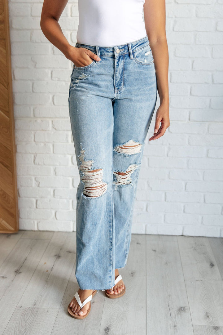 Judy Blue - High Rise Rigid Magic Destroyed Straight Leg Jeans