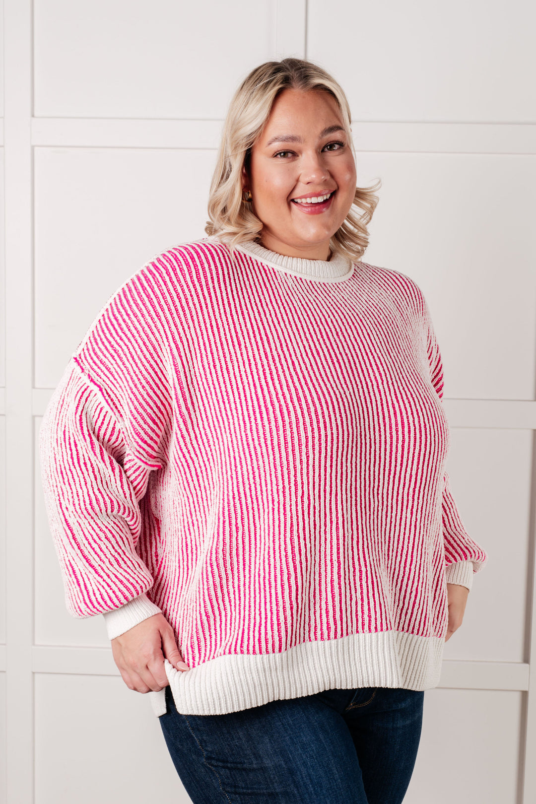 Contrast Trim Pullover Sweater - Pink