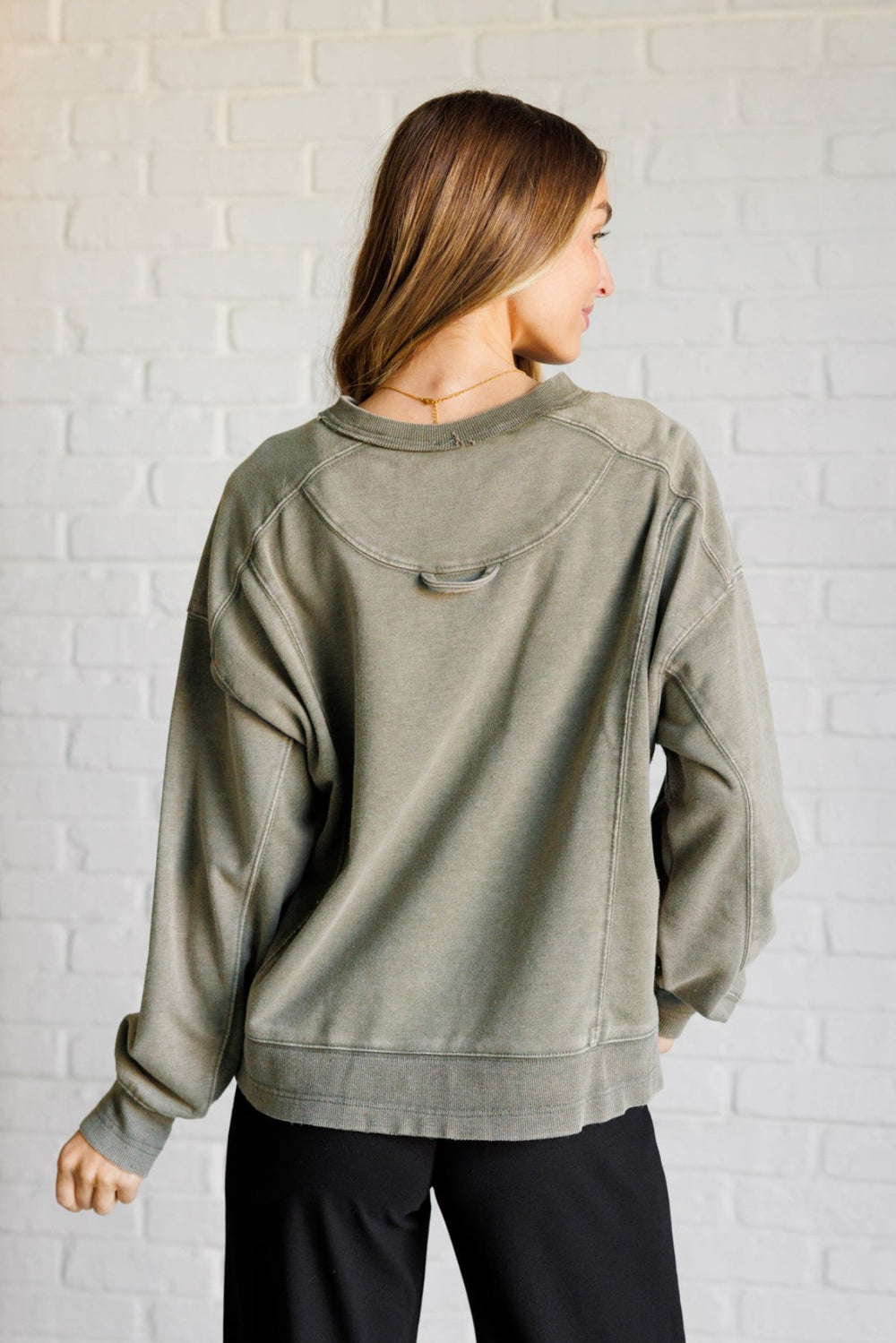 Mineral Wash Crew Neck Pullover Sweatshirt - Army Green - Inspired Eye Boutique