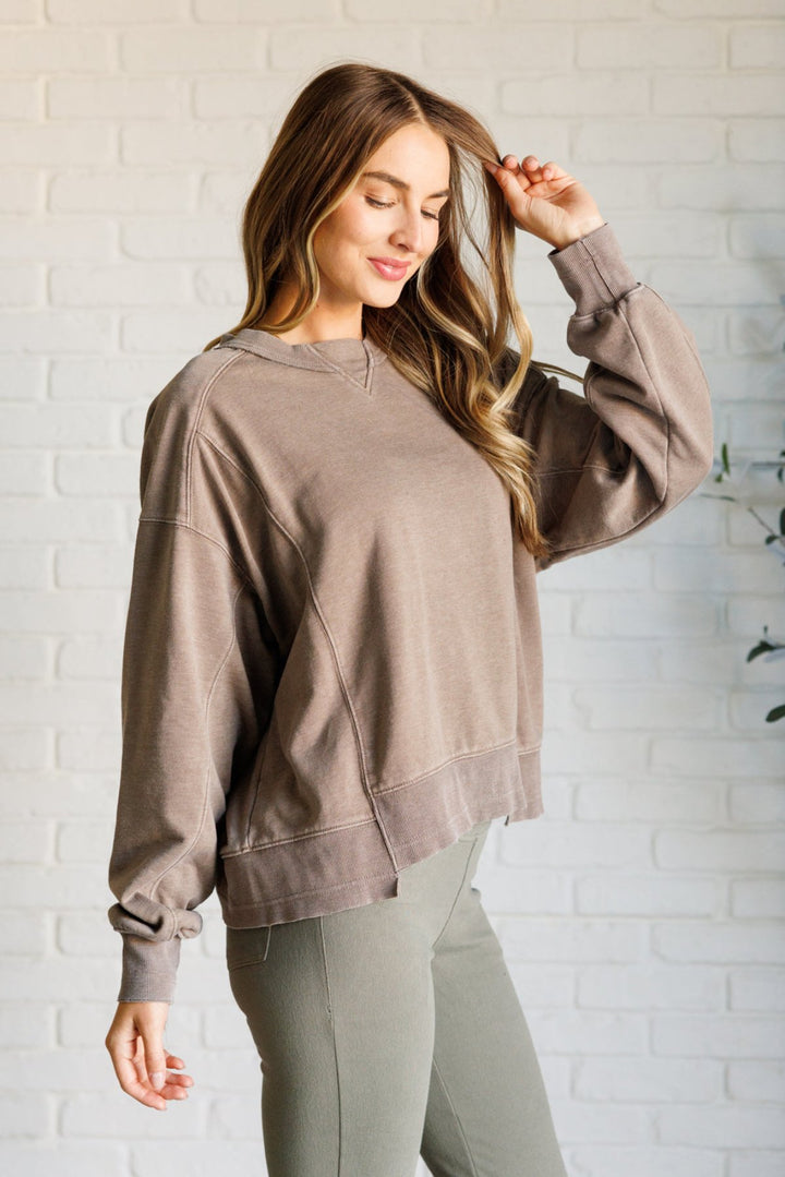 Mineral Wash Crew Neck Pullover Sweatshirt - Mocha - Inspired Eye Boutique