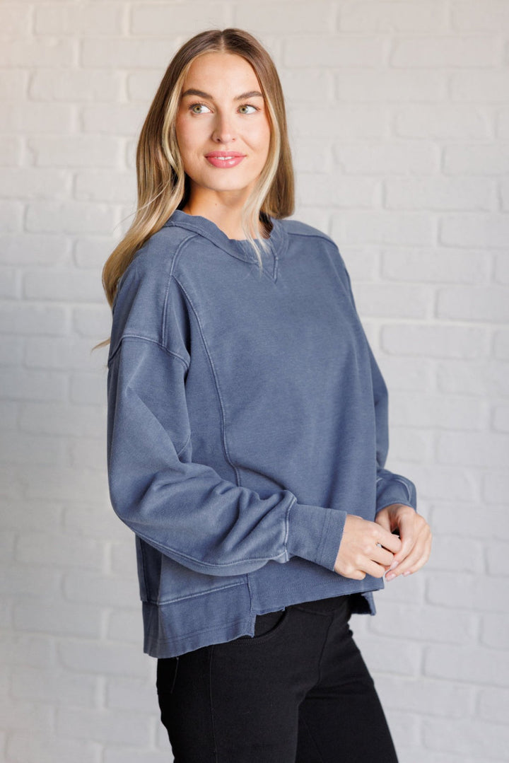 Mineral Wash Crew Neck Pullover Sweatshirt - Blue - Inspired Eye Boutique