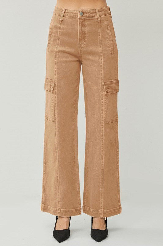 RISEN - High Rise Wide Leg Cargo Jeans - Cocoa - Inspired Eye Boutique