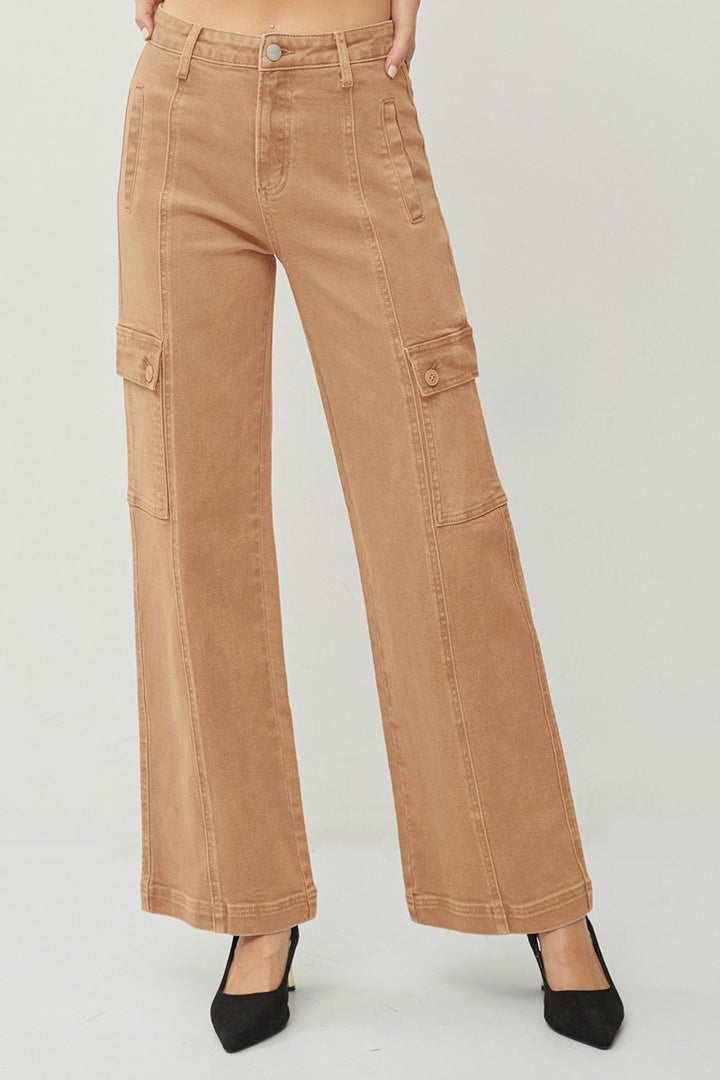 RISEN - High Rise Wide Leg Cargo Jeans - Cocoa - Inspired Eye Boutique