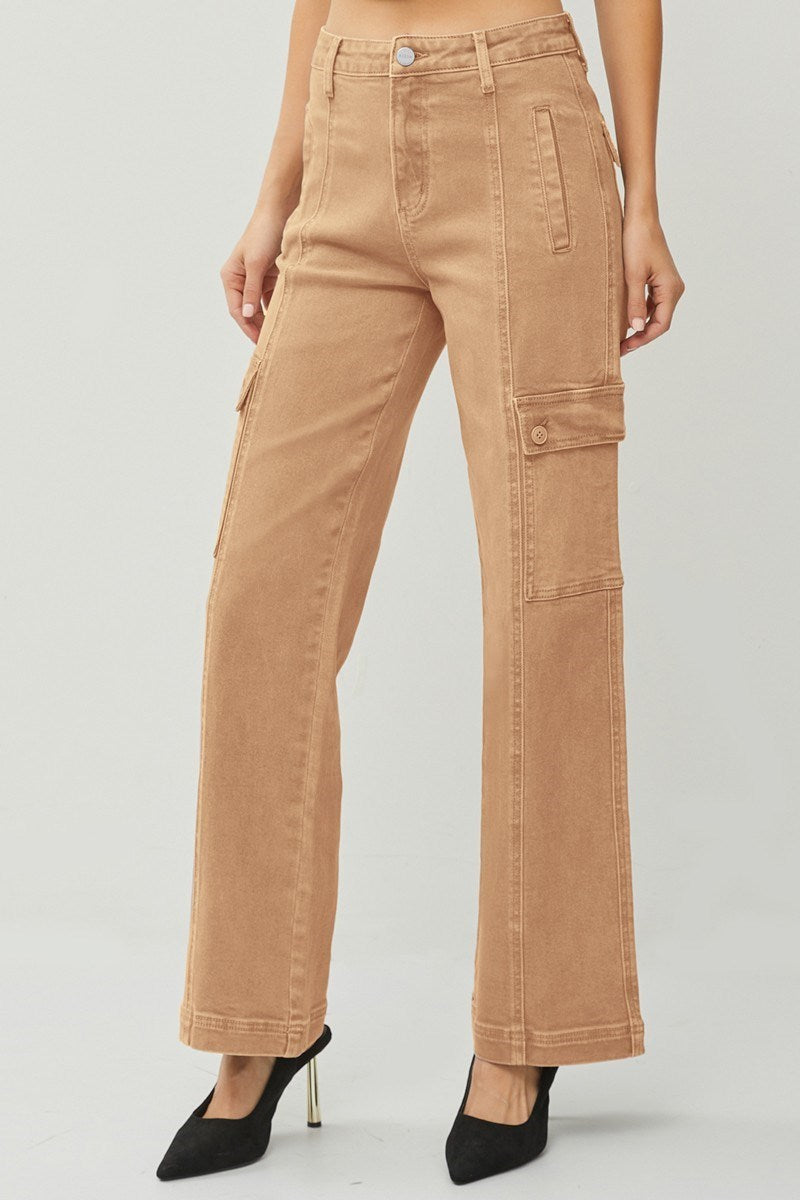 RISEN - High Rise Wide Leg Cargo Jeans - Cocoa - Inspired Eye Boutique