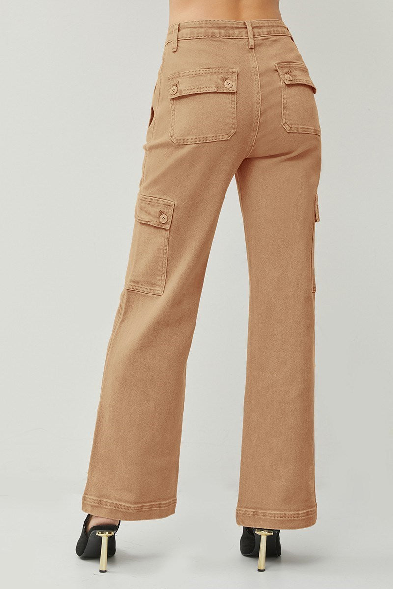 RISEN - High Rise Wide Leg Cargo Jeans - Cocoa - Inspired Eye Boutique