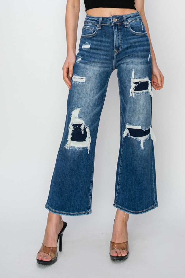 RISEN - Straight Leg Patched Distressed Jeans