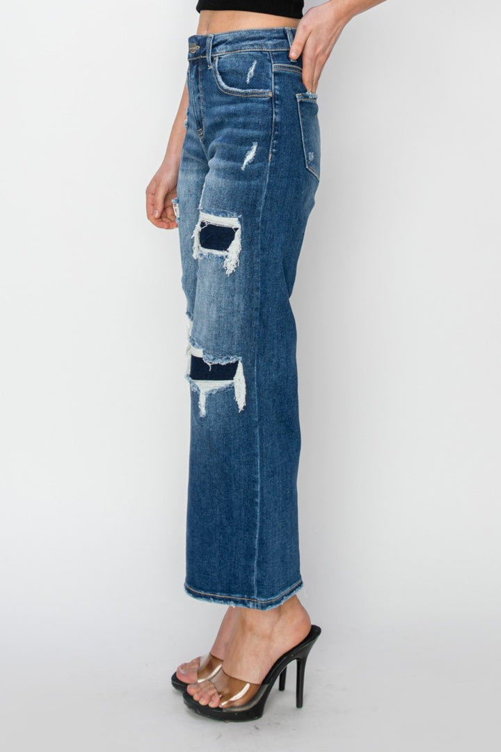 RISEN - Straight Leg Patched Distressed Jeans