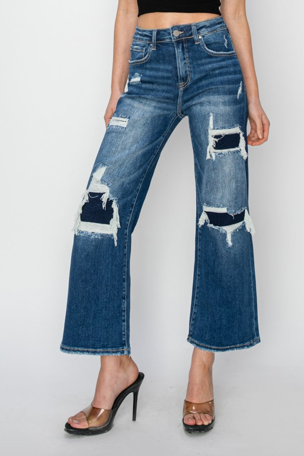 RISEN - Straight Leg Patched Distressed Jeans