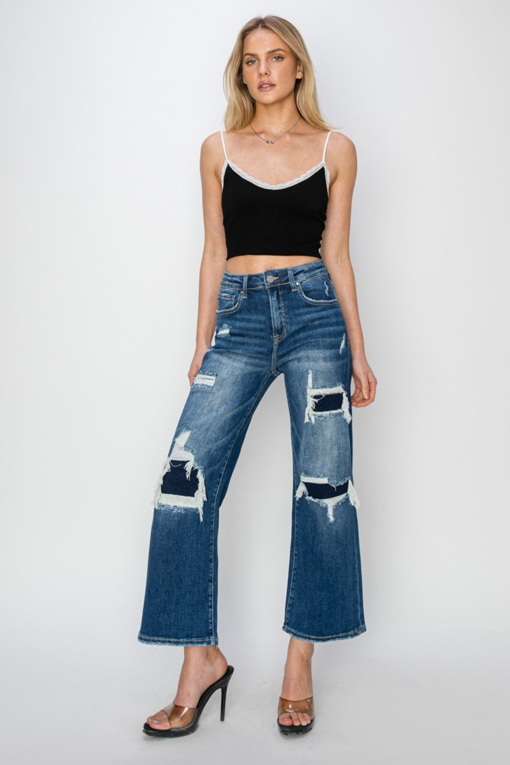 RISEN - Straight Leg Patched Distressed Jeans