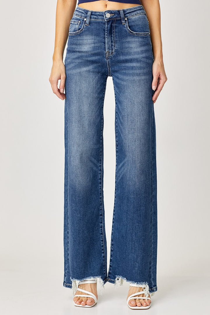 RISEN Wide Leg Dark Wash Frayed Hem Jeans