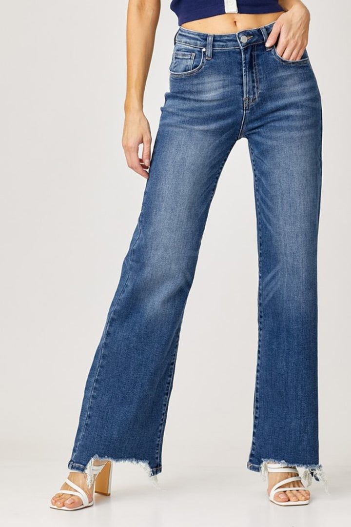 RISEN - Wide Leg Frayed Hem Jeans