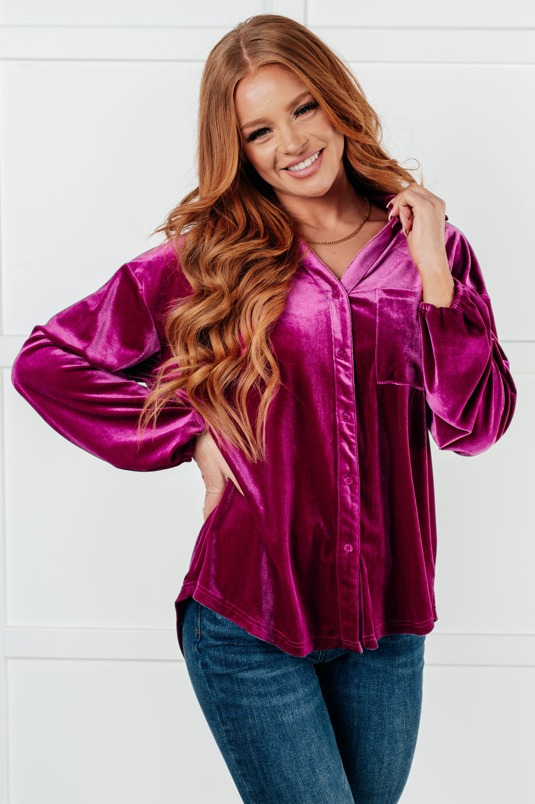 Best Policy Velvet Button-Up Top