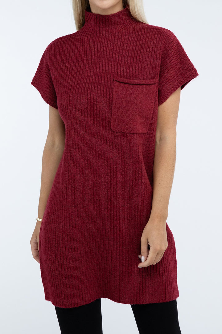 Zenana - Mock Neck Short Sleeve Sweater Dress - Inspired Eye Boutique