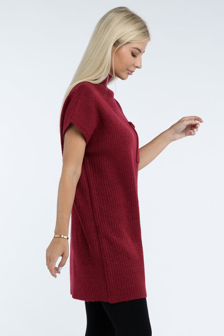 Zenana - Mock Neck Short Sleeve Sweater Dress - Inspired Eye Boutique