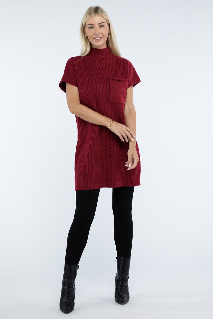 Zenana - Mock Neck Short Sleeve Sweater Dress - Inspired Eye Boutique