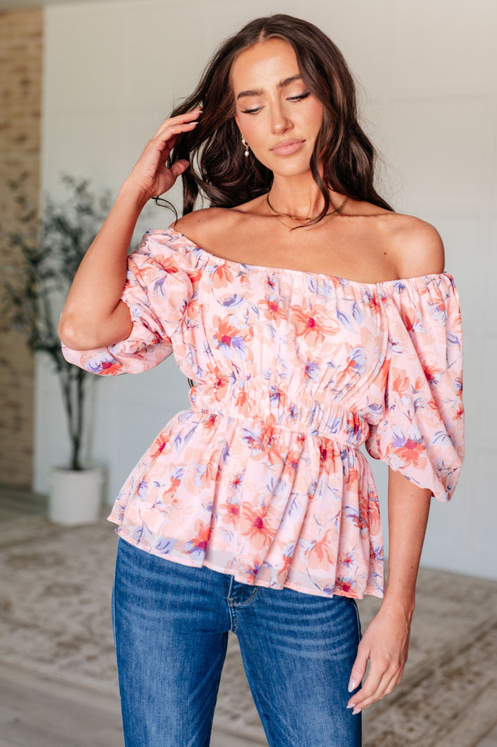 Peach Floral Short Balloon Sleeve Blouse - Inspired Eye Boutique