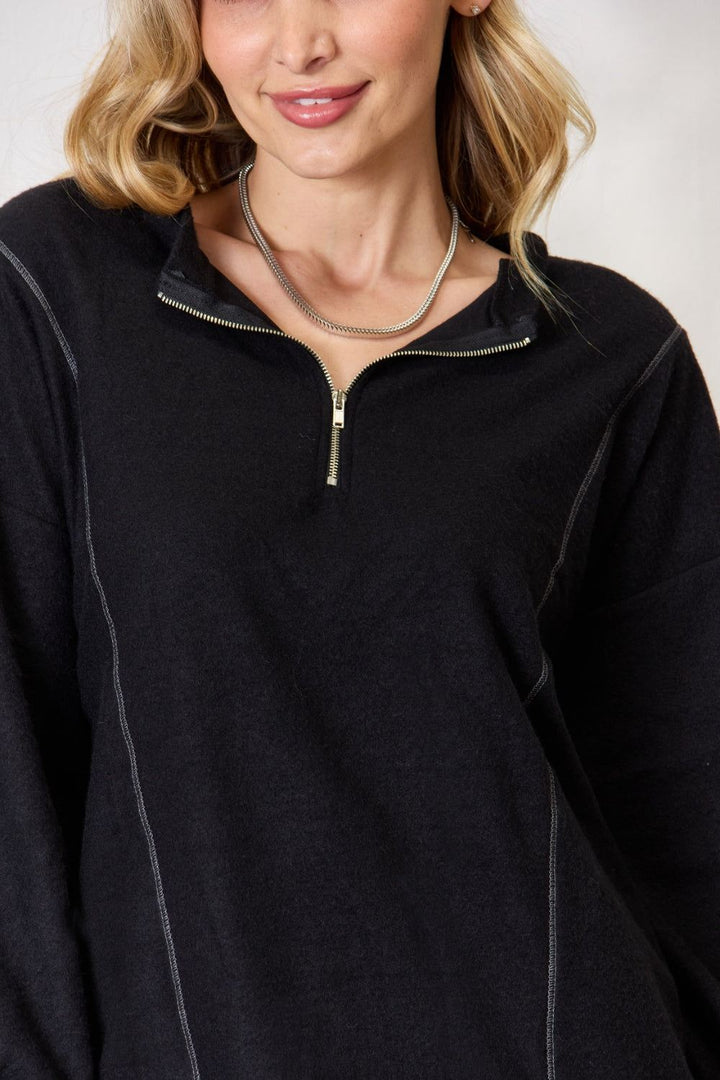 BiBi Half Zip Brushed Terry Long Sleeve Top - Inspired Eye Boutique