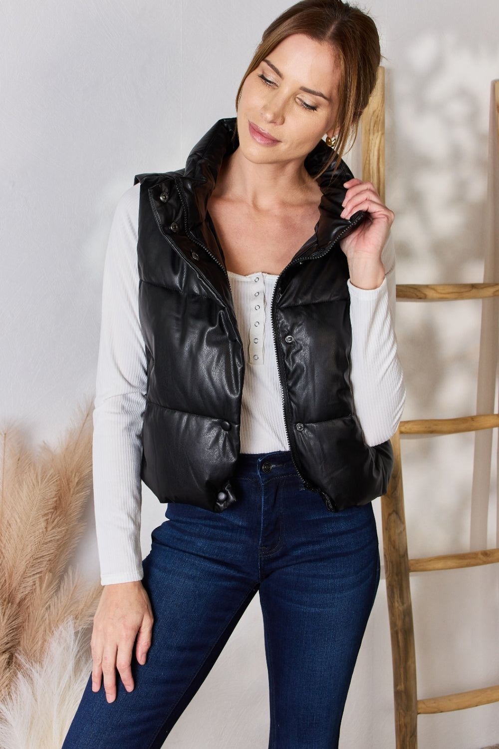 Black Faux Leather Puffer Vest - Inspired Eye Boutique