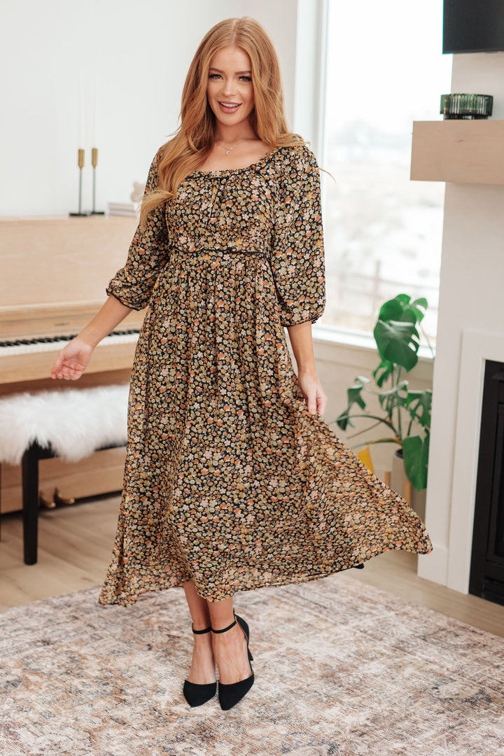 Black Floral Chiffon Midi Dress - Inspired Eye Boutique